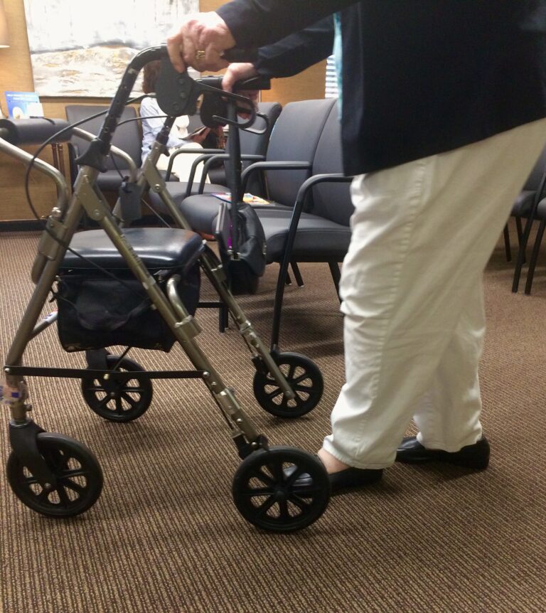 Elderly woman using her rolling walker. Senior life.